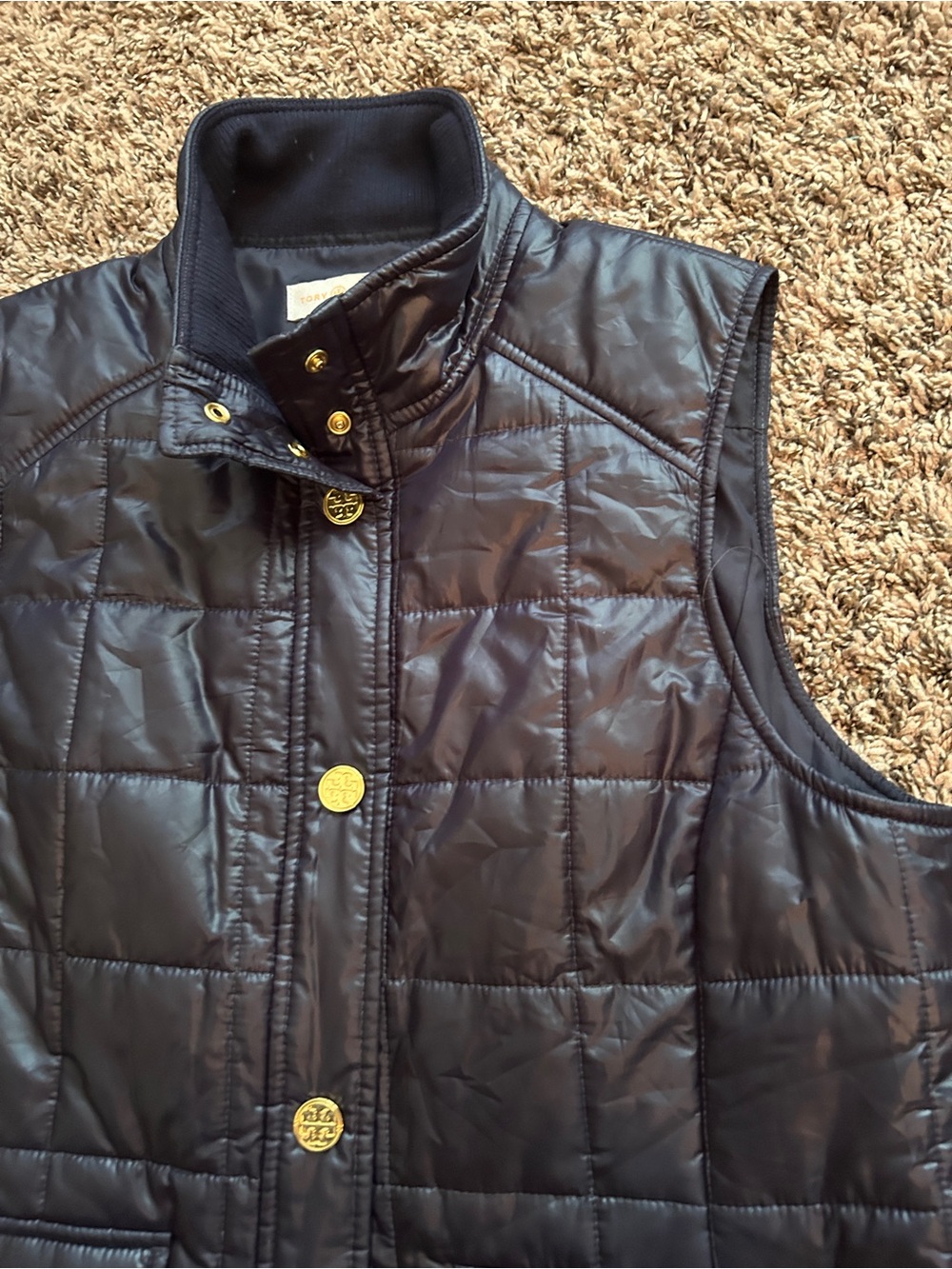 Tory Burch Navy Quilted Snap-Front Vest with Gold Buttons